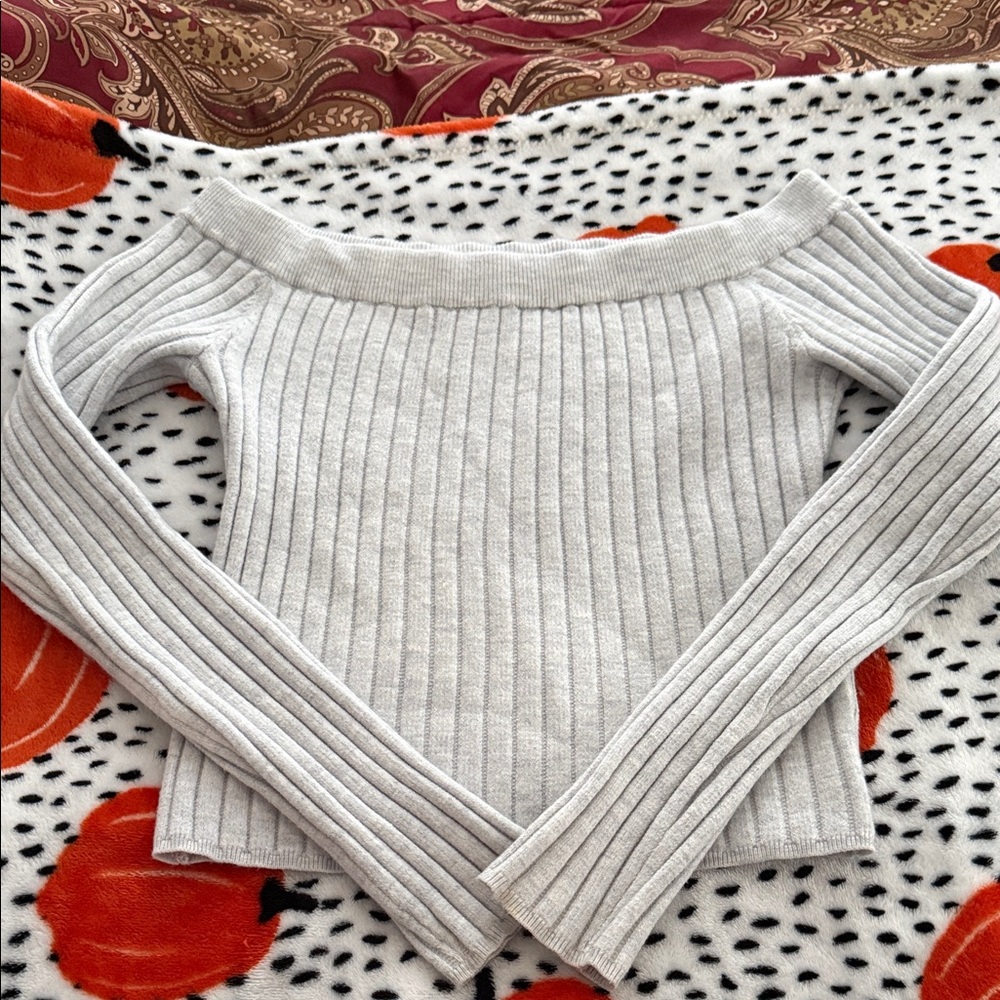 Aerie Off-Shoulder Ribbed Sweater - Light Gray